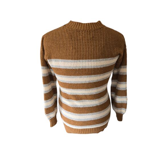 Pink rose brown and white stripes waffle knit sweater, size small - Picture 2 of 4